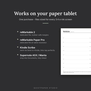 May include: A digital planner template for e-ink tablets featuring the text Works on your paper tablet, listing compatibility for reMarkable 2, reMarkable Paper Pro, Kindle Scribe, and Supernote A5X/Manta, with a preview of a notebook page layout.