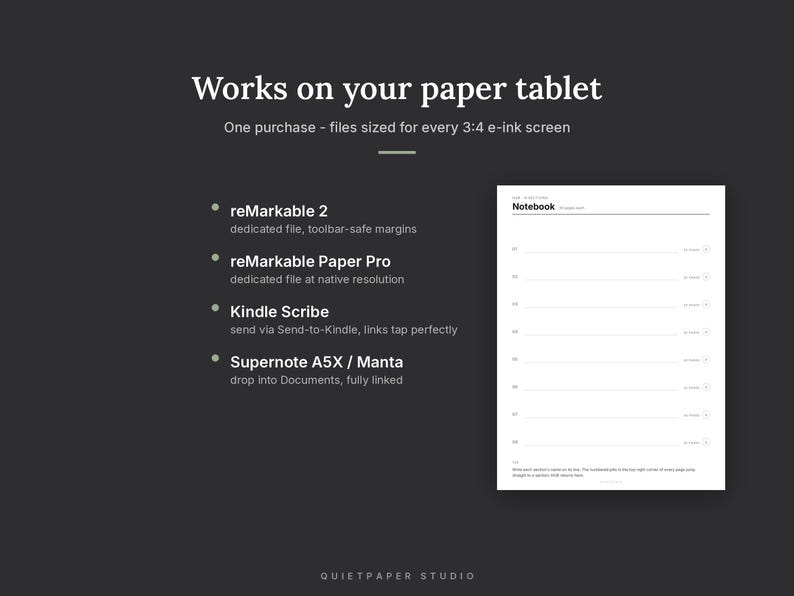 May include: A digital planner template for e-ink tablets featuring the text Works on your paper tablet, listing compatibility for reMarkable 2, reMarkable Paper Pro, Kindle Scribe, and Supernote A5X/Manta, with a preview of a notebook page layout.