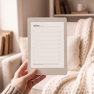May include: A light-colored digital tablet displaying a digital notebook interface with the word Notebook at the top, followed by a series of numbered lines from 01 to 08, each with a small icon and text, and a paragraph of small text at the bottom.