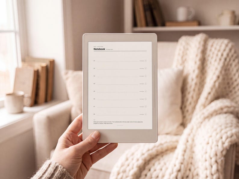 May include: A light-colored digital tablet displaying a digital notebook interface with the word Notebook at the top, followed by a series of numbered lines from 01 to 08, each with a small icon and text, and a paragraph of small text at the bottom.