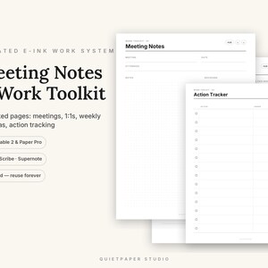 Puede incluir: Un planificador digital titulado Meeting Notes & Work Toolkit con 151 páginas vinculadas para reMarkable 2, Paper Pro, Kindle Scribe y Supernote. El diseño presenta texto negro sobre fondo blanco, incluyendo una página de notas y un rastreador.