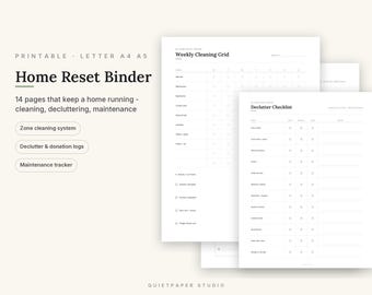 Home Reset Binder, Cleaning Checklist, Declutter Log (Letter A4 A5)