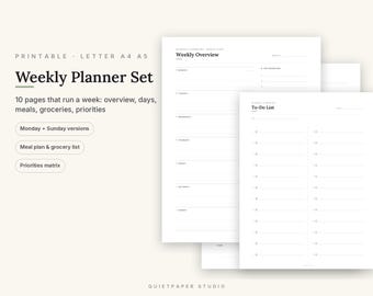 Printable Weekly Planner Set, Undated Daily, Meal, Grocery Lists (Letter A4 A5)