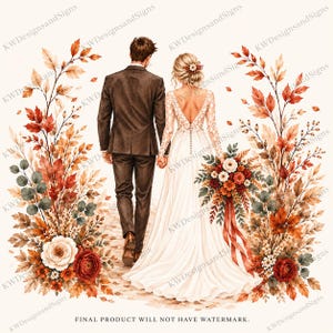 May include: An illustration of a couple walking away, wearing a dark brown suit and a long white wedding dress with lace sleeves. They are framed by autumn foliage with orange, red, and brown leaves and flowers. Text reads: FINAL PRODUCT WILL NOT HAVE WATERMARK.