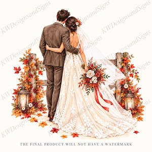 Puede incluir: Una ilustración digital de una pareja frente a una valla de madera decorada con hojas de otoño y farolillos. La persona de la izquierda viste un traje marrón y la de la derecha un vestido de novia de encaje blanco con velo.