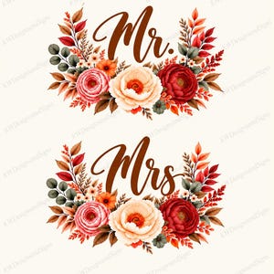 May include: Two decorative floral arrangements featuring the text Mr. and Mrs. in brown script. Each design includes watercolor-style flowers in shades of cream, pink, and deep red, surrounded by autumn-toned foliage in orange, brown, and muted green.