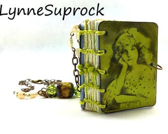 Little Enamel Book Necklace With Vintage Ghost Image Girl