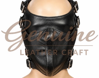 Schwarze Gesichtsmaske aus echtem Leder, offene Vollgesichtsmaske mit verstellbaren Schnallenriemen und Reißverschluss hinten