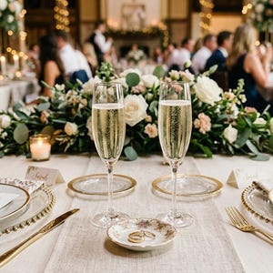 May include: Two tall clear glass champagne flutes filled with sparkling liquid stand on a table set with white plates, gold-rimmed chargers, gold cutlery, and a small floral-patterned dish holding two gold wedding bands, centered before a floral centerpiece.