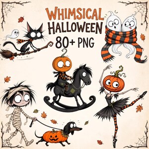 May include: A digital illustration set titled WHIMSICAL HALLOWEEN 80+ PNG featuring cartoon characters including a black cat on a broom, two ghosts in an orange and black scarf, a pumpkin-headed figure on a rocking horse, a mummy walking a pumpkin-clad dog, and a pumpkin-headed ballerina.