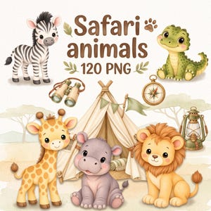 Puede incluir: Un conjunto de ilustraciones digitales titulado Safari animals 120 PNG que presenta una cebra, un cocodrilo, una jirafa, un hipopótamo y un león. Incluye una tienda de campaña beige, binoculares, una brújula y una linterna de estilo cartoon.