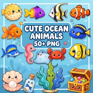 Pode incluir: Uma coleção digital de animais marinhos e objetos em desenho animado, incluindo um peixe-balão, peixe-palhaço, cavalo-marinho, caranguejo, raia, baú de tesouro e concha. O texto diz CUTE OCEAN ANIMALS 50+ PNG em fundo azul claro.