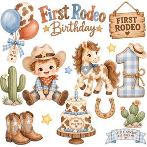 Pode incluir: Uma coleção de ilustrações de aniversário com tema western, incluindo uma criança com chapéu de cowboy, um pónei malhado, um bolo de dois andares com o texto 'ONE WILD YEAR', uma placa de madeira, balões, um cacto e botas de cowboy.
