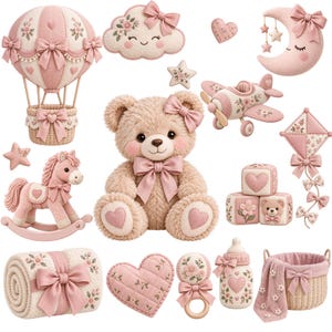 Premium rosa nallebjörn babyflicka clipart 80 PNG | Blommig barnkammarclipart, babyshower PNG, nyfödddekor, nallebjörnspaket