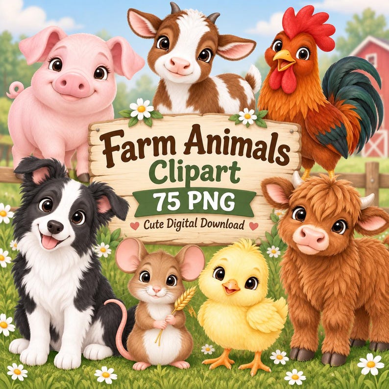 Cute Farm Animals Clipart 75+ PNG | Farm Animal Bundle, Cow Pig Goat ...