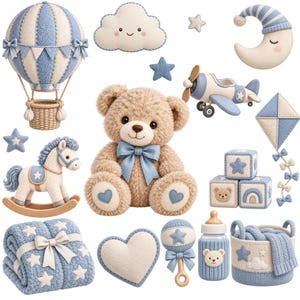 Puede incluir: Una colección de artículos para bebés que incluye un oso de peluche color canela con un lazo azul, un globo aerostático azul y crema, un caballito de madera, una luna creciente, un avión de juguete, una cometa, bloques, una manta, un sonajero y una cesta.