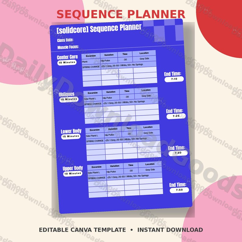 May include: A blue rectangular sequence planner template with white text and grid tables. The header reads [solidcore] Sequence Planner, followed by sections for Center Core, Obliques, Lower Body, and Upper Body, each with columns for exercise, variation, time, and location.