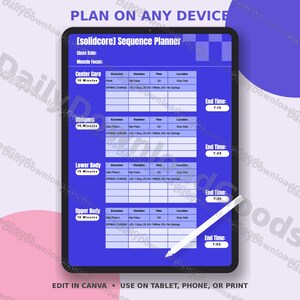 May include: A digital [solidcore] Sequence Planner displayed on a tablet screen with a white stylus. The blue interface features sections for Center Core, Obliques, Lower Body, and Upper Body, including tables for exercise details, spring changes, and end times.