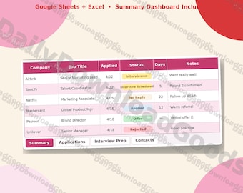 Job Application Tracker, Google Sheets/Excel Planner (Instant Download)