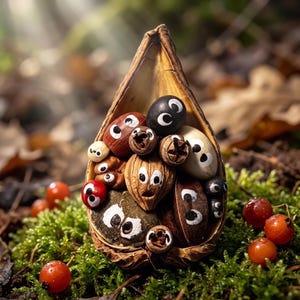 Peut inclure: Une grande coque de noix évidée contenant une collection de petites noix et graines, chacune peinte avec des yeux blancs et noirs. L'ensemble comprend des noix de différentes nuances de brun, noir et crème, formant un groupe de visages.
