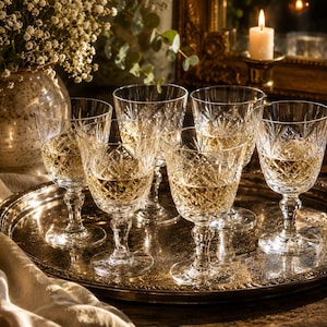 Juego vintage de 6 copas de vino de cristal tallado / Copas grabadas / Elegantes copas de vino / Cristalería de mediados de siglo / Decoración de mesa y para ocasiones especiales