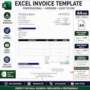 May include: An Excel invoice template featuring a white document layout with blue headers, fields for company details, billing information, itemized description, quantity, price, and total. It includes A4 size 8.27 x 11.69 inches and auto-calculation features.