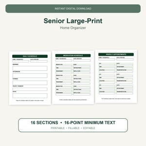 Puede incluir: Un organizador digital para el hogar en letra grande para personas mayores con tres páginas blancas y encabezados verde oscuro. Incluye un horario diario, un programa de medicación y citas semanales con campos rellenables.