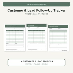 May include: A digital Customer & Lead Follow-Up Tracker small business workflow kit with three document templates titled Master Customer Directory, Lead Intake Form, and Sales Pipeline Tracker, featuring green headers and 16 customer & lead sections.