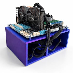 May include: A computer motherboard with a Gigabyte graphics card, green RAM sticks, and black cables mounted on a purple 3D-printed open-frame test bench. The motherboard features light blue and white slots, with a black power cable bundle.