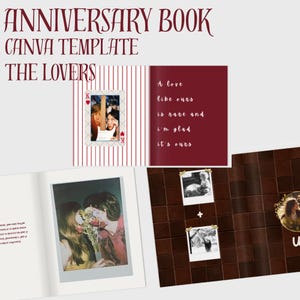 May include: An anniversary book Canva template titled The Lovers featuring pages with red and white striped patterns, a king of hearts playing card graphic, dark red backgrounds with white text, and photo frames for personal images.