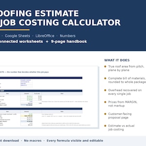 Puede incluir: Una plantilla de hoja de cálculo digital para estimaciones de techado y cálculo de costos de proyectos. El encabezado azul oscuro muestra el título y la compatibilidad con Excel, Google Sheets, LibreOffice y Numbers, con 11 hojas y un manual.