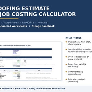 May include: A digital roofing estimate and job costing calculator spreadsheet template. The dark blue header displays the title and compatibility with Excel, Google Sheets, LibreOffice, and Numbers, featuring 11 connected worksheets and a 9-page handbook.