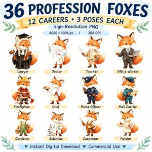 May include: A digital collection of 36 profession foxes featuring 12 careers with 3 poses each. The image displays foxes dressed as a lawyer, doctor, teacher, office worker, firefighter, chef, police officer, mail carrier, gardener, scientist, carpenter, and painter. Text includes 36 PROFESSION FOXES, 12 CAREERS, 3 POSES EACH, High-Resolution PNG, 4096 x 4096 px, 300 DPI, Instant Digital Download, and Commercial Use.