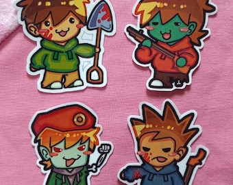 May include: Four die-cut vinyl stickers featuring cartoon characters in chibi style. One holds a shovel, one a rifle, one has a robotic arm, and one holds a wooden staff. Each character displays distinct facial expressions and colorful clothing.