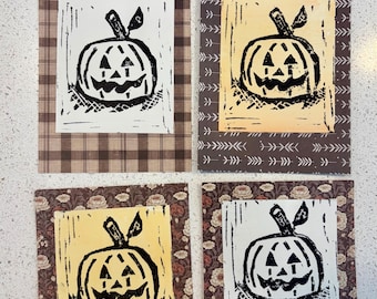 Handmade Jack-O’-Lantern Linocut Print, Brown Decorative Backing