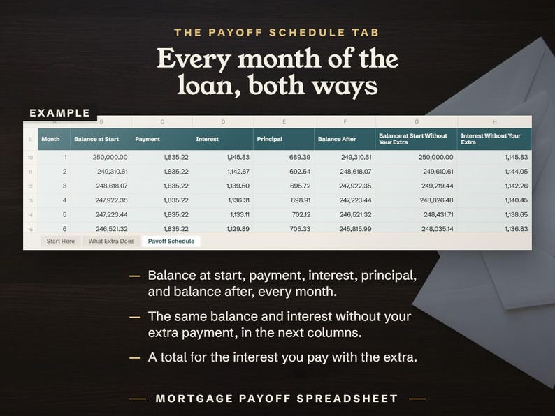 The Payoff Schedule tab, every month of the loan with and without your extra payment