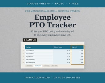Suivi des congés payés des employés | Gestion des congés Excel et Google Sheets (Téléchargement numérique)