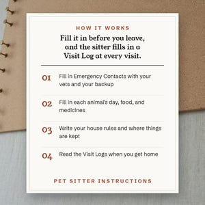 Fill it in before you leave, and the sitter fills in a Visit Log at every visit