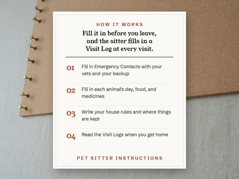 Fill it in before you leave, and the sitter fills in a Visit Log at every visit