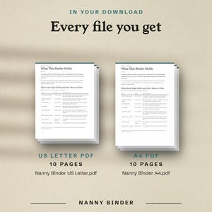 Every file you get, Nanny Binder US Letter.pdf and Nanny Binder A4.pdf, 10 pages each