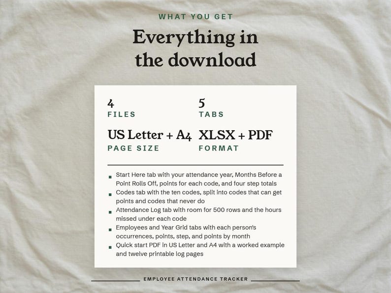 Everything in the download, 4 files and 5 tabs, in US Letter and A4, as XLSX and PDF