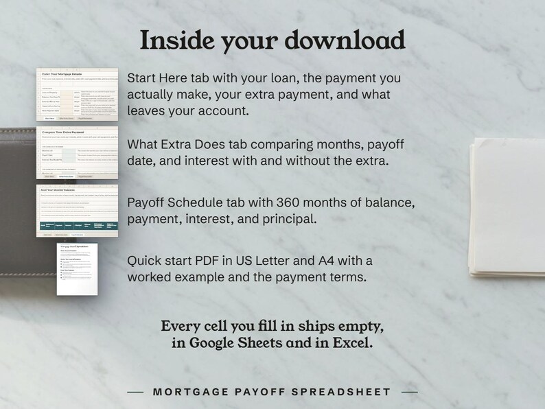 Inside your download, the Start Here, What Extra Does and Payoff Schedule tabs and the quick start PDF