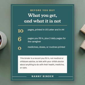 Before you buy, 10 pages, 6 you fill in plus 2 daily pages for the caregiver, and no medicines, doses, or routines printed, with the notice