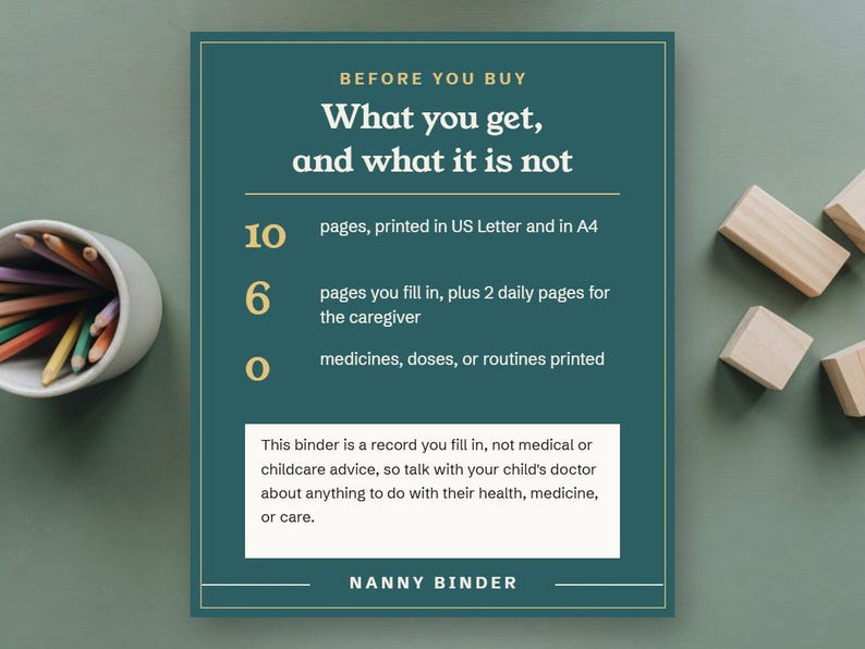 Before you buy, 10 pages, 6 you fill in plus 2 daily pages for the caregiver, and no medicines, doses, or routines printed, with the notice