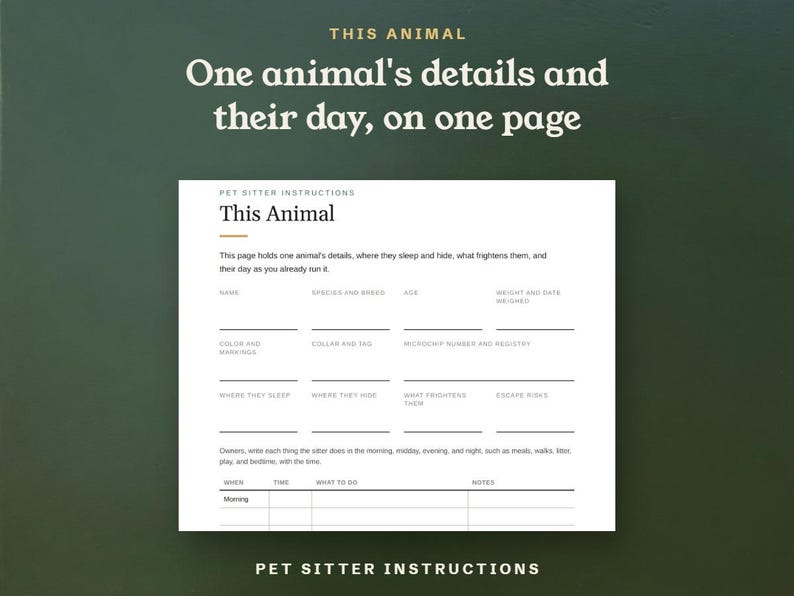 One animal's details and their day, on one page
