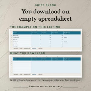 Ships blank, the filled example above the empty Employees tab you download