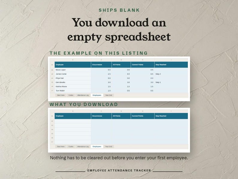 Ships blank, the filled example above the empty Employees tab you download