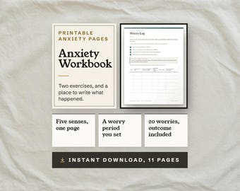Cahier d'exercices imprimable pour gérer l'anxiété, exercices d'ancrage et de respiration, journal des soucis (PDF)