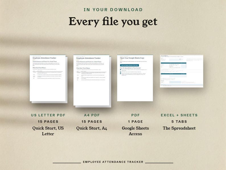 Every file you get, the quick start in US Letter and A4, the Google Sheets access PDF and the spreadsheet