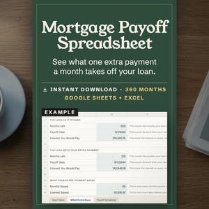 Mortgage Payoff Spreadsheet, see what one extra payment a month takes off your loan, Google Sheets and Excel instant download